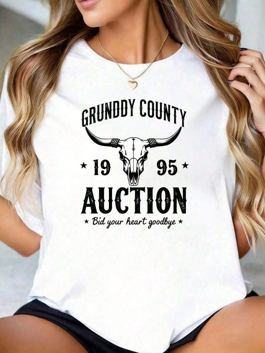 Under The RadarRound Neck Personalized And Interesting Print Grundy County 1995 Auction Bid Your Heart Goodbye Cow Skull T-Shirt Women's Black Graphic Tee Suitable For Gifts-Vintage Street Style Unisex Loose Cotton Short Sleeve Crew Neck T-Shirt - 白色 - 查看 1