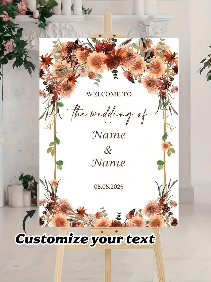Customized Wedding Welcome Sign - Personalized Groom And Bride Names And Wedding Date Decoration - Indoor Wedding Party, Wedding Reception, Engagement Party Decoration With Floral Border - Autumn And Fall Theme - Warm Earthy And Gold Tones - Multicolor - View 1