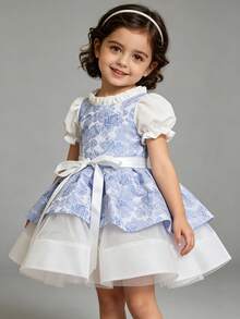 XUMPLO Baby Girls' Cute Elegant Blue Floral Applique White Mesh Bowknot Short Party Dress, Princess Dress For Birthday, Party, Holiday - Blue - View 6