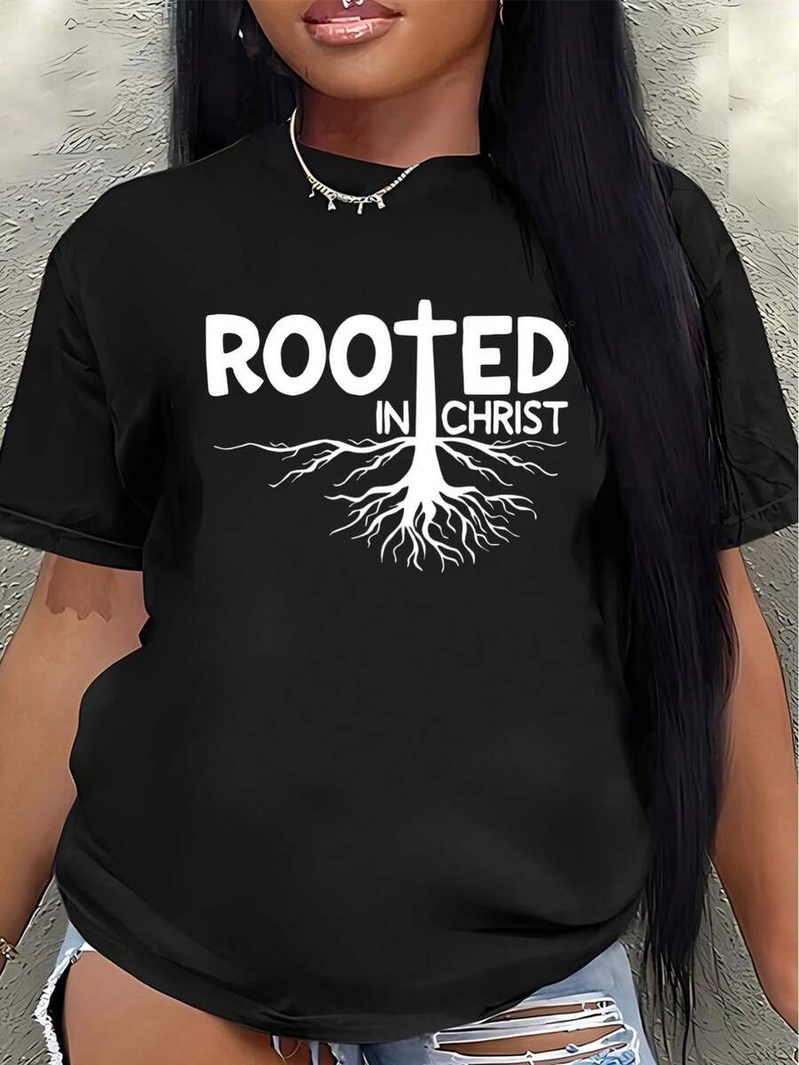 Camiseta ligera y duradera, inspirada en la fe, con un diseño de cruz y rizoma, adecuada para uso diario, ceremonias religiosas o reuniones informales.blusa casual mujer - Negro - Ver 1