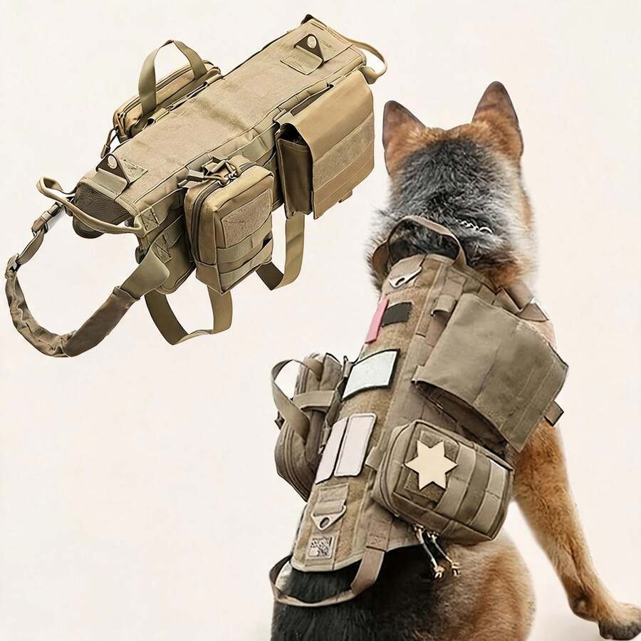 战术犬用胸背带，带口袋，可调节军用背心式胸带，适合中大型犬，带魔术贴面板，重型胸背带，适用于散步、远足和训练