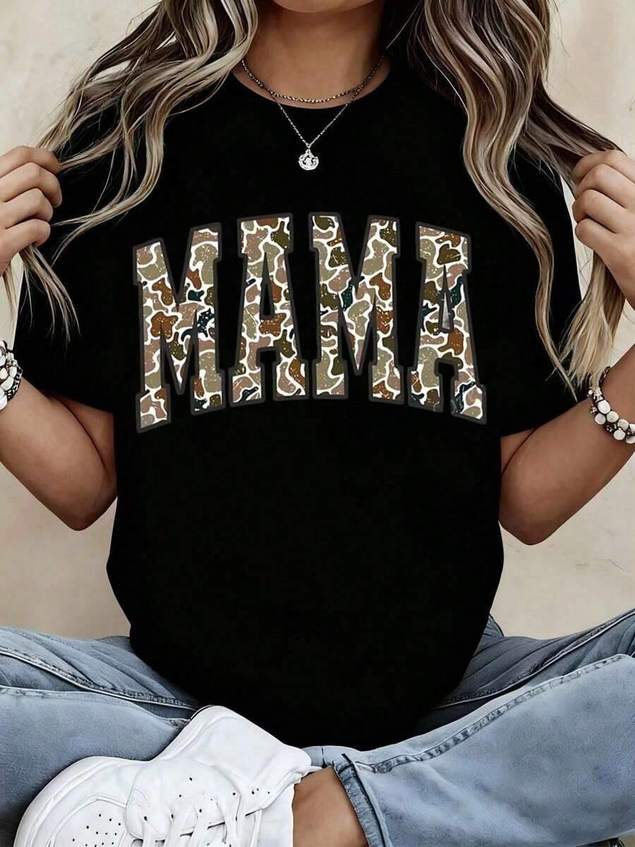 Women's MAMMA Camouflage Graphic T-Shirt, Casual White Short Sleeve Blouse With Bold Letter Print, Perfect For Mother's Day Or Everyday Wear, Comfortable And Stylish Maternity T-Shirt. - 黑色 - 查看 1