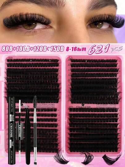 621 PCS D-Type Natural Curly Cluster Lash Set, 80D+100D+120D+150D Ultra-Volume Lash Clusters With A Length Of 8-18mm. Suitable For Beginners And Makeup Artists For Daily Makeup Practice And Daily Workplace Looks. Lightweight And Natural On The Eyes, Soft And Comfortable To Wear Without Foreign Body Sensation, And Reusable.