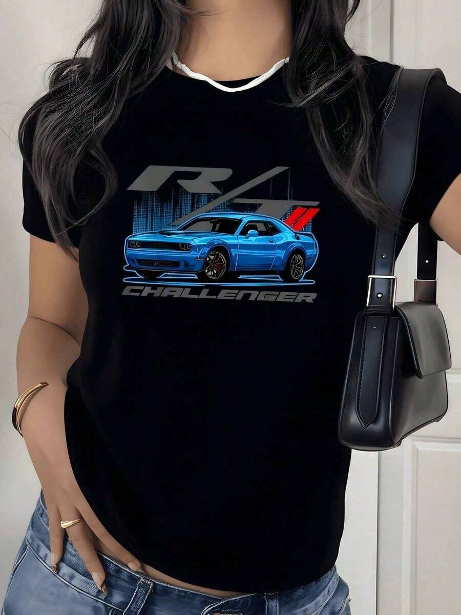 Skyline Sports Car Graphic Print T-Shirt, 180g, 1 Piece, Muscle Car Challenger Theme, Women's Casual T-Shirt 100% Cotton, Streetwear Style - 黑色 - 查看 1