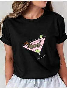 Camiseta Deportiva Casual para Mujer --Shirt Negra con Gráfico de Vaso de Cóctel Rosa y Dachshund, Elástica y de Cuello Redondo, Lavable aáquina, Ajuste Cómodo para Todas las Estaciones. - Negro - Ver 6
