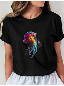 Camiseta Deportiva Casual para Mujer en Negro con Gráfico Colorido de Medusas - Camiseta Elástica de Cuello Redondo, Lavable aáquina, Ajuste Cómodo y Apta para Todas las Estaciones. - Negro - Ver 6