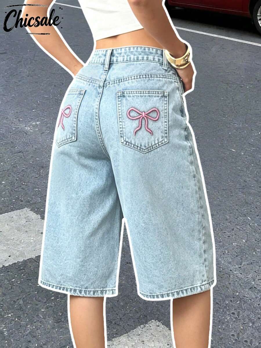 Women's Y2K Loose Wide-Leg Cropped Jeans With Butterfly Embroidered Pockets Casual Summer - Light Wash - View 1