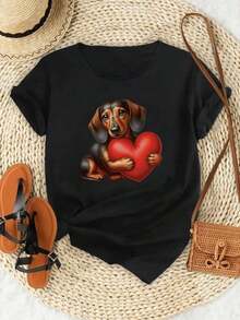Mujer Camiseta Blanca con Perro Dachshund Sosteniendo Cclothesazón Rojo Estampado Diseño de Amclothes para Mujeres Moda Casual Verano 2024Pure-Cotton - Negro - Ver 3