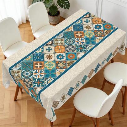 1pc Rectangular Polyester Tablecloth, Blue & Orange Tile Retro Pattern Design, Single-Sided Retro Printing, Suitable For Tabletop, Washable And Reusable, Applicable For Indoor, Outdoor, Patio, Wedding, Party, Picnic, Craft Exhibition, Banquet Decoration
