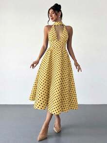 High-Waisted Midi Dress With A V-Neck And Open Back, In A Vintage French Polka Dot Style, Suitable For Valentine's Day, Concerts, Performances, Dates, Banquets, Weddings, Sexy, Elegant, Back To School, Vacation, Beach, Romantic - 黃色 - 查看 6