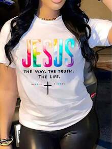 Women's Casual Short-Sleeved T-Shirt Printed With "Jesus And The Way." TRUTH. Oversized T-Shirt With The Letter LIFE, Summer Clothing, Urban Style, Casual, Round Neck, Cotton, Summer Fashion, Loose Fit T-Shirt For Women, Everyday Wear - 白色 - 查看 2