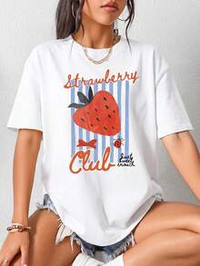 Casual Women's Round Neck Short Sleeve Strawberry Club Graphic Tee Drop Shoulder Knitted Fabric Top Summer - Blanco - Ver 1