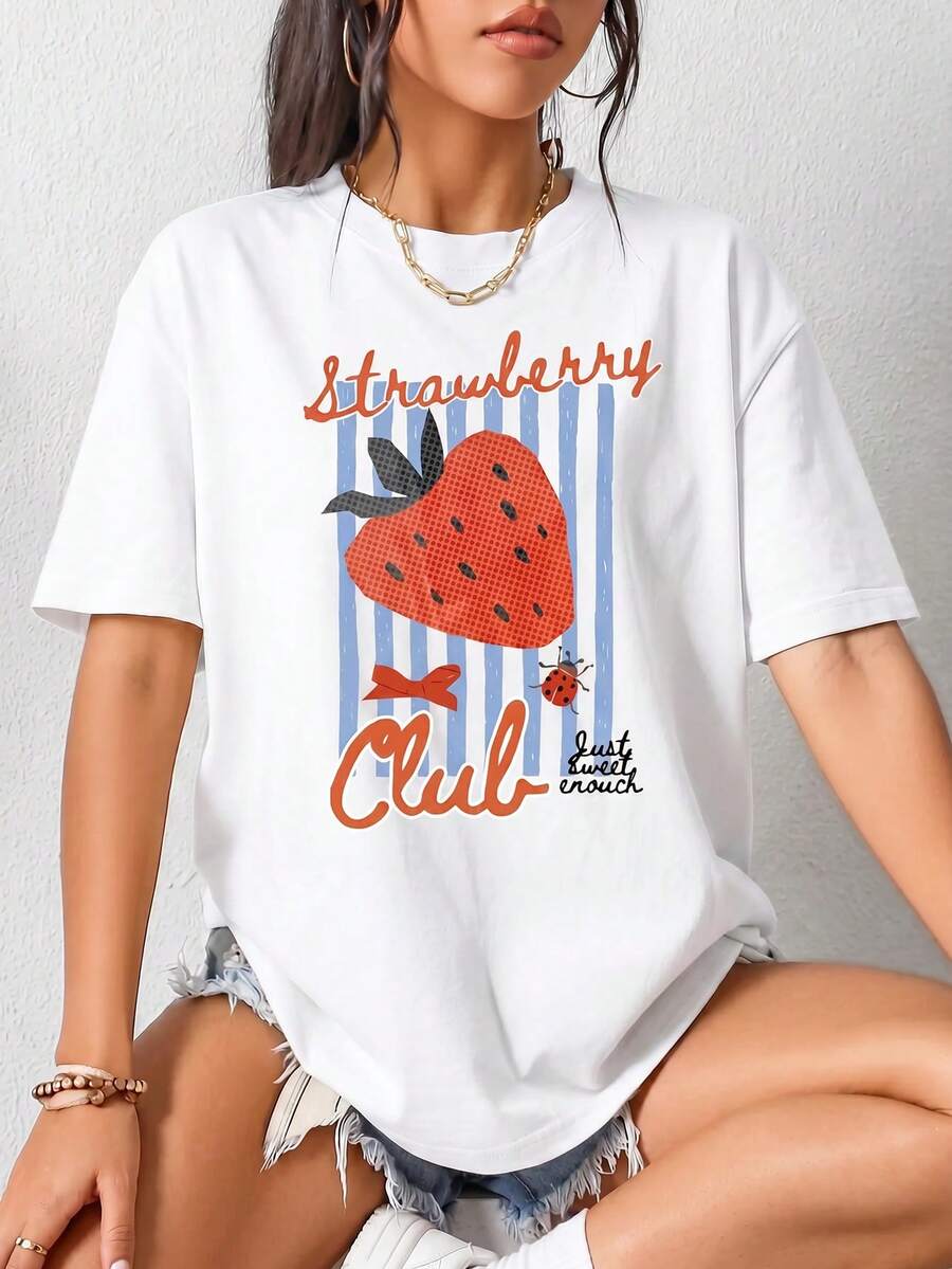 Casual Women's Round Neck Short Sleeve Strawberry Club Graphic Tee Drop Shoulder Knitted Fabric Top Summer - Blanco - Ver 1