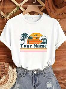 Oversized Short Sleeve T-Shirt With Sunset Beach Print - Personalized Casual Crew Neck Short Sleeve T-Shirt With Palm Tree And Wave Design, Machine Washable, Summer T-Shirt For Women, Beach Trip Gift, 100% Cotton - 白色 - 查看 6