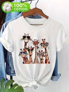 Women's 100% Cotton T-Shirt, Cute Giraffe Print With Flowers And Glasses, Casual Summer Round Neck T-Shirt - 白色 - 查看 1