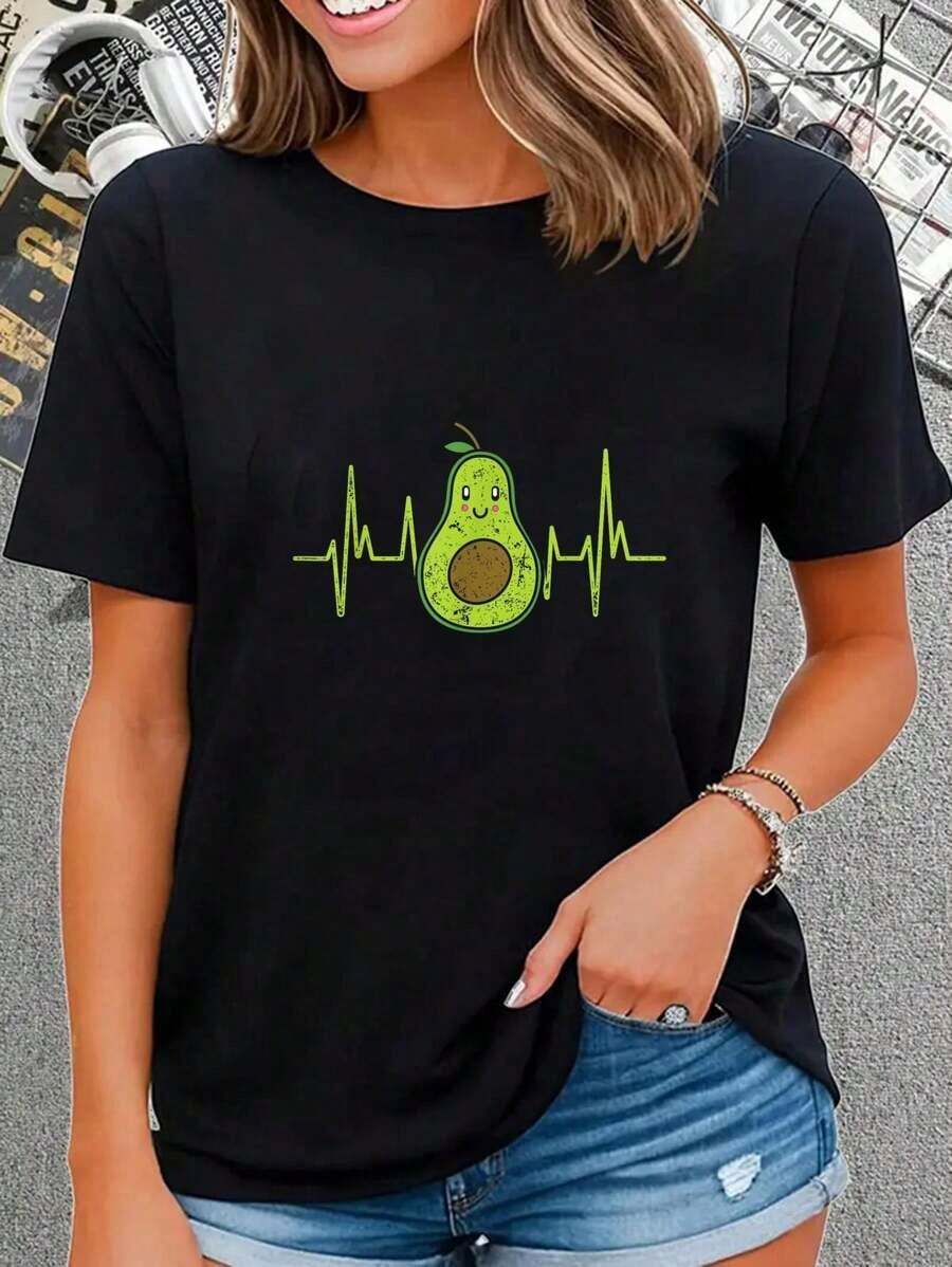 Camiseta Oversize de Manga Corta con Diseño de Semilla de Aguacate y Corazón de Amante de Aguacate, Estilo Keto, 100% Algodón - Negro - Ver 1
