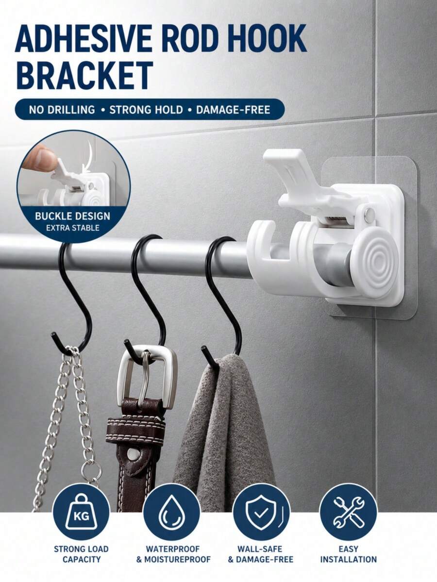 2/4pcs No-Drill Self-Adhesive Curtain Rod Bracket Set, [Hooks Only, Not Included] Multi-Functional Hooks, Suitable For Stylish Home , Practical Hooks, Adjustable Wall Hooks, Suitable For Bedrooms, Living Rooms, Kitchens, Bathrooms