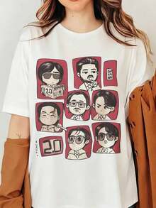 BTSS Bangtan Track 2.0 Sahana K-Pop Merch T-Shirt, K-Pop-Inspired Chibi Character Shirt, Minimalist Cartoon Band T-Shirt, Gift For Music Fans, Cute Cartoon Members Chibi Portrait Illustration Retro Style - 白色 - 查看 6