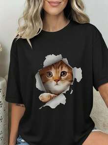 Camiseta de moda femenina de verano de manga corta camiseta de moda casual al aire libre 'cat' estampado camiseta casual femenina suelta - Negro - Ver 1