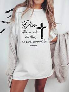Women's Summer Fashion Short Sleeve T-Shirt Casual Outdoor Fashion 'Letters And Crosses' Print Loose Casual Women's T-Shirt - 白色 - 查看 2