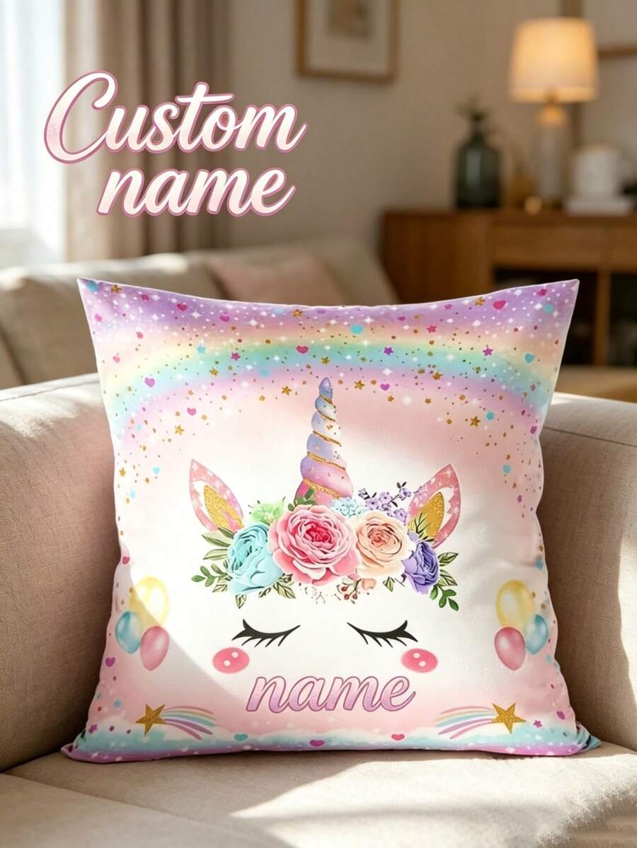 Custom Unicorn Pillow Case 1Pc Watercolor Floral Glitter Star Heart Personalized Name Cushion Cover Soft Polyester Kids Girl Bedroom Sofa Car Decor - Multicolor - View 1