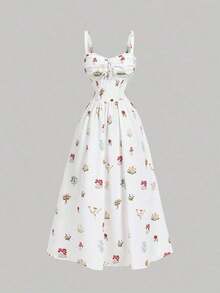 Vestido elegante de fiesta con estampado floral, cintura fruncida y lazo delantero para mujer - Multicolor 2 - Ver 4