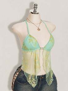 Camiseta de mujer con cuello halter de encaje floral y sexy - Verde - Ver 1