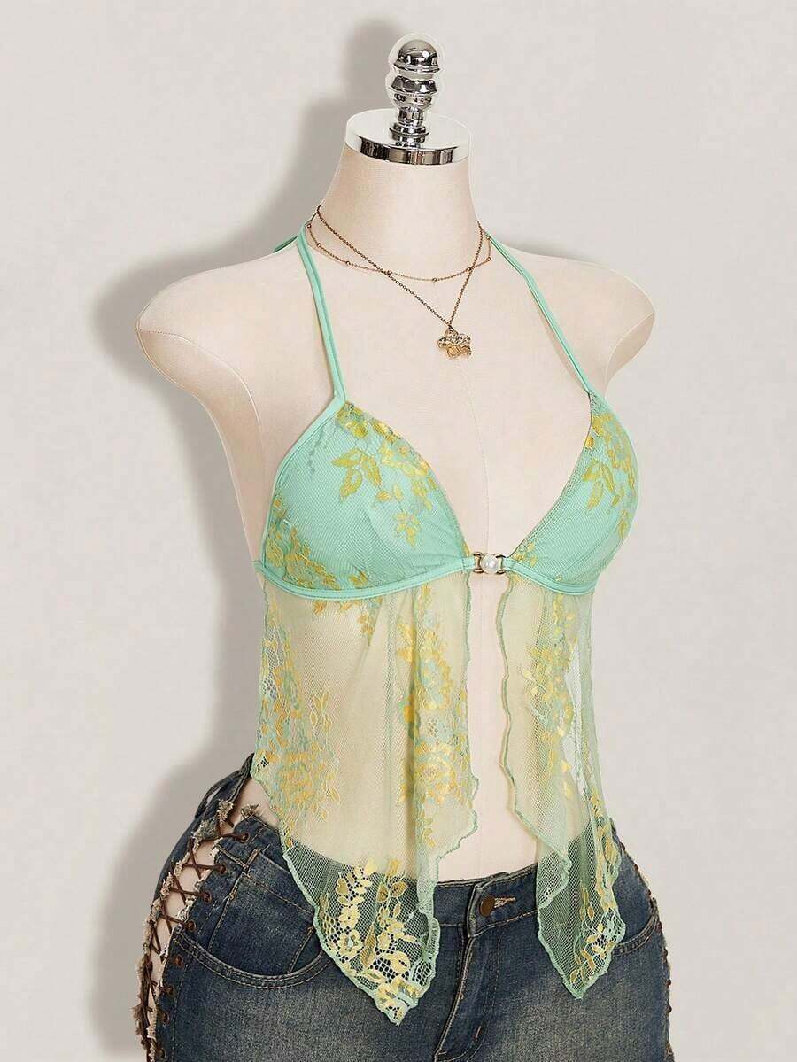 Camiseta de mujer con cuello halter de encaje floral y sexy - Verde - Ver 1