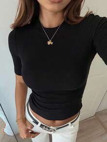 Top casual de cuello redondo para mujer, para uso diario - Negro 3 - Ver 9