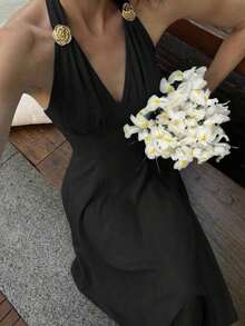 xheSHEIN MOD Vestido de mujer de longitud media sin mangas con decoración floral 3D metálica para vacacionesxhe - Negro - Ver 6