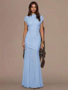 Vestido ajustado de cuello redondo sin mangas con fruncido en color borgoña, vestido elegante de Venus adecuado para vacaciones, fiestas, Navidad, citas, cumpleaños, otoño/invierno - Celeste - Ver 7