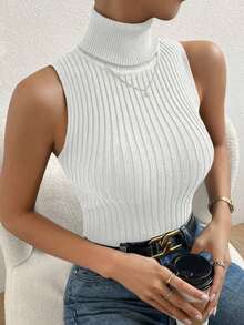 Top de cuello tortuga tejido de canalé - Beis - Ver 8