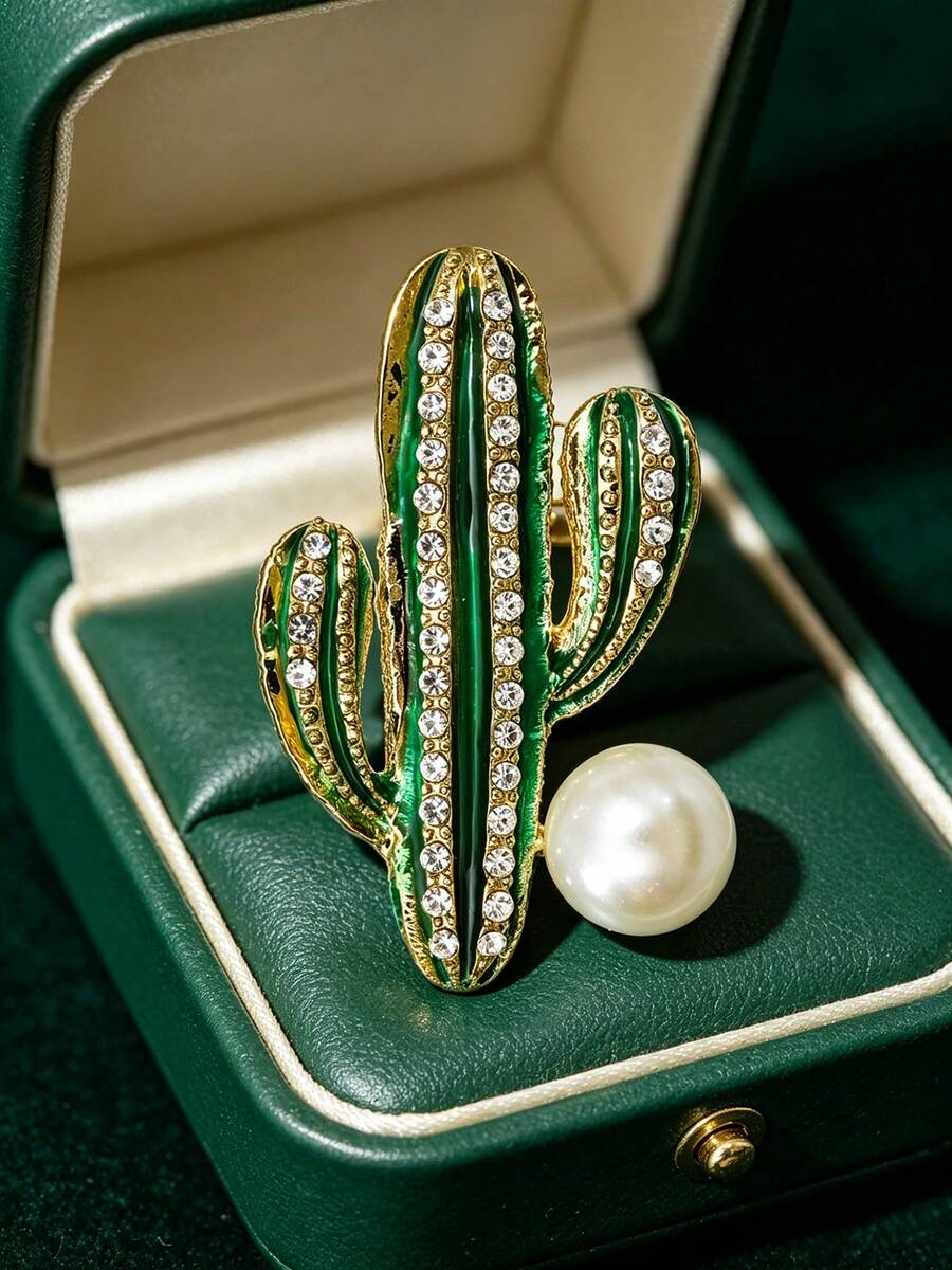 Green Enamel Cactus Brooches, Alloy Electroplate & Rhinestones Botanical Pins, Pins For Backpack, Pins For Bags, Enamel Pins