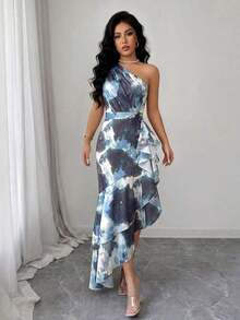 Vestido de mujer con un hombro, estampado teñido difuminado y diseño de volantes en el bajo irregular, vestido de primavera/verano, diseño de bajo irregular, elegante y de moda, adecuado para uso diario, bodas, banquetes, viajes diarios, fiestas de graduación, eventos festivos, vacaciones - Azul - Ver 8