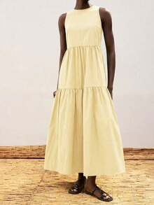 Vestido de dos piezas con diseño de volantes en talla grande, color verde jade, de estilo moderno y casual para vacaciones, con cuello redondo, división horizontal y parches, vestido elegante y cómodo para playa y estilo bohemio - Amarillo - Ver 4
