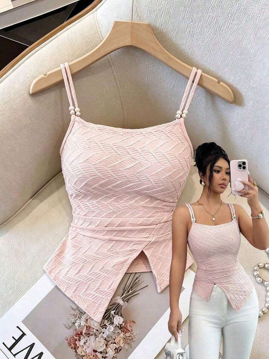 Top de camisola con decoración de cuentas, textura de tela, cintura fruncida y bajo asimétrico, estilo de vacaciones - Rosa - Ver 1