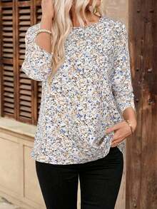 Camisa casual de mujer de manga larga y cuello redondo de unicolor - Blanco - Ver 5