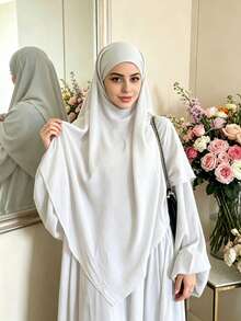紋理鬆弛款 Khimar Abaya 兩件套，彈性泡泡袖百褶端莊 長洋裝，穆斯林女性休閒伊斯蘭禮拜套裝 - 彩色 - 查看 11