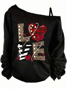 Camiseta de manga larga con cuello redondo, un solo tirante asimétrico y estampado de corazones para mujer, de estilo casual y minimalista, adecuada para el invierno y el Día de San Valentín - Negro 3 - Ver 1