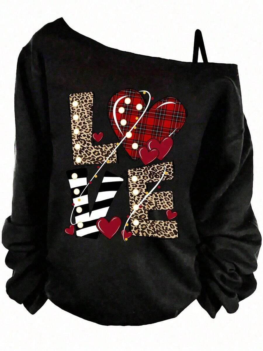 Camiseta de manga larga con cuello redondo, un solo tirante asimétrico y estampado de corazones para mujer, de estilo casual y minimalista, adecuada para el invierno y el Día de San Valentín - Negro 3 - Ver 1