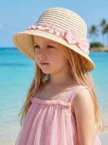 1顶幼儿女童米色蝴蝶结草帽，夏季防晒沙滩/户外透气草编帽，适合3-8岁儿童 - 1PC - 查看 7
