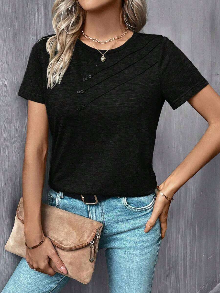 Camiseta casual de mujer con cuello redondo y detalle de botones - Negro - Ver 1