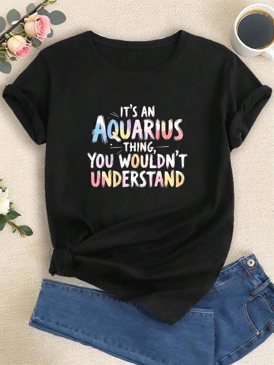 Women'S Zodiac Graphic Tee - It'S An For Aquarius Thing Saying| Stretchy Crew Neck Shirt - Dark Grey Casual Everyday Top - Machine Washable Astrology Apparel For Aquarius Women - Springfall Summer Outfits, Playful Design, Medium Stretch Fabric - 彩色 - 查看 1