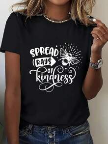 Ropa de mujer de talla, camiseta holgada de estilo vintage con estampado de abeja y la frase Passing on Kindness - negra con estampado blanco, top de estilo casual urbano, diseño de cuello redondo suave, garantiza comodidad diaria y transmite mensajes positivos, decoración con patrón geométrico, lavable aáquina y apta para limpieza en, adecuada para usar durante todo el año, corte relajado que se adapta a varios estilos - Camiseta unisex de manga corta y cuello redondo de algodón holgado estilo vintage urbano. - Negro - Ver 2
