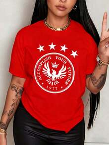 100% Cotton. Majestic Crowned Eagle Surrounded By Stars And The Legend "Accomplish Your Future" Printed In A Circle. Women's T-Shirt Made With 100% Soft And Durable Cotton. Women's Simple Solid Color T-Shirt, Loose And Slim Fit Casual Short Sleeve - 黑色 - 查看 7