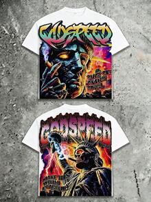 Godspeed Cyberpunk Skeleton Statue Of Liberty Graphic Tee, Oversized Neon Streetwear, Cotton Short Sleeve Crew Neck Independence Day Top For Men - 白色 - 查看 11