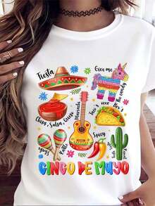 Camiseta Cinco de Mayo con Temática de Fiesta, con Sombrero, Piñata, Taco, Guitarra, Maracas, Cactus y Texto para Celebración de Fiesta, Ropa Fresca de Verano para Mujer - Blanco - Ver 2