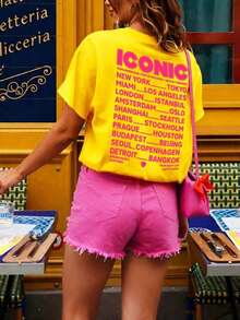 Camiseta de manga corta con estampado de letras, estilo casual para vacaciones de verano - Amarillo - Ver 3
