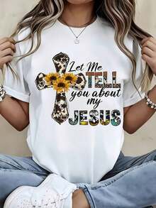 Women's Clothing 1pc White T-Shirt With Sunflower Cross Print For Women, Round Neck, Casual Cotton T-Shirt, Medium Elasticity Knit Fabric, Regular Fit For Ladies, For Spring/Summer/Autumn, Women's Shirts - 白色 - 查看 6