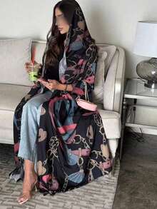 Hafizah Printed Cardigan Headscarf Outerwear Long Robe Chain Print Fashion Women's Long Robe Black Vacation - Black - View 7